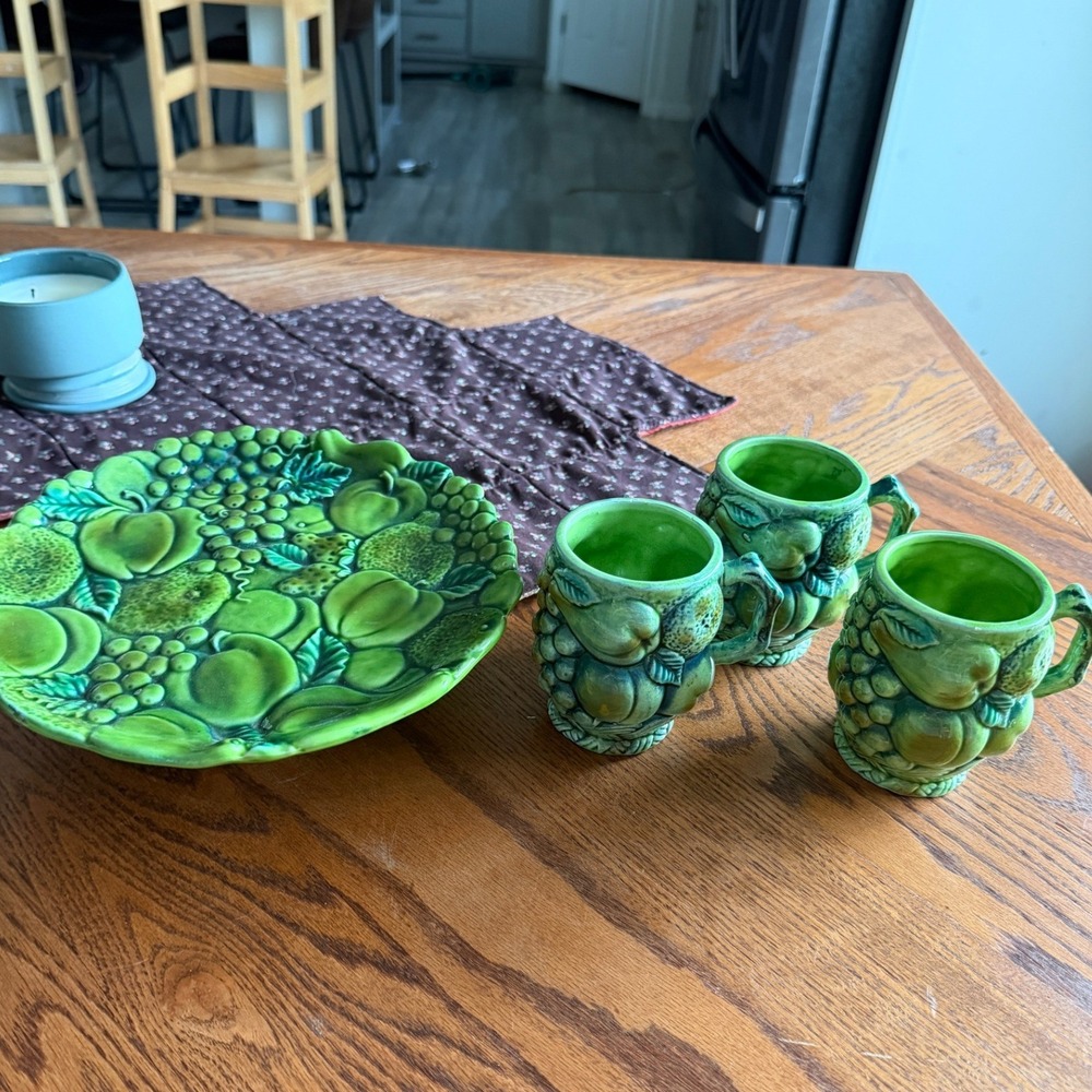 Vintage Inarco Japan Green Mist Ceramic Cake Stand Mug Set Fruit Cottagecore MCM